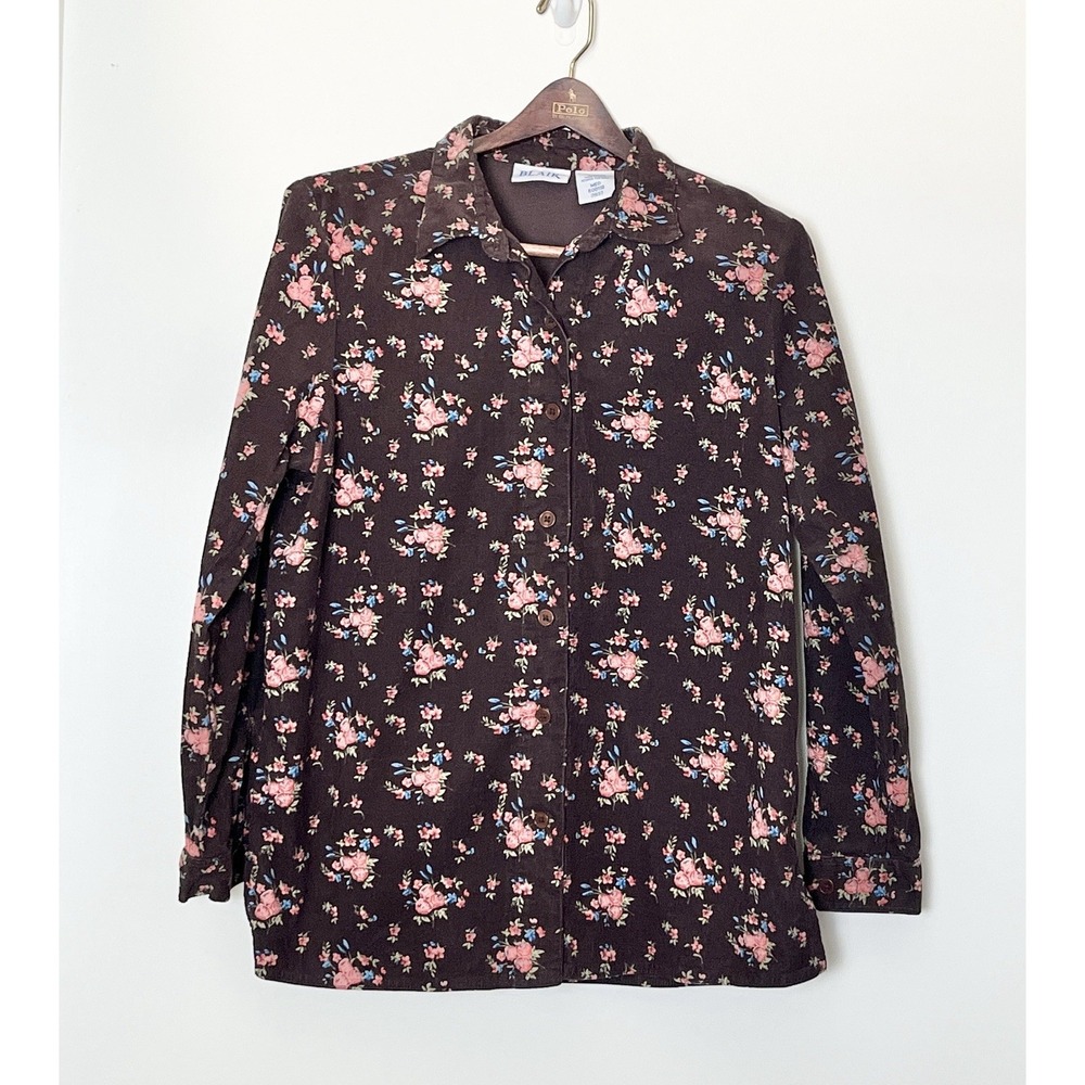 Vintage Blair Corduroy Button Up Shirt Womens Med Brown‎ Floral 90s Cottsgecore